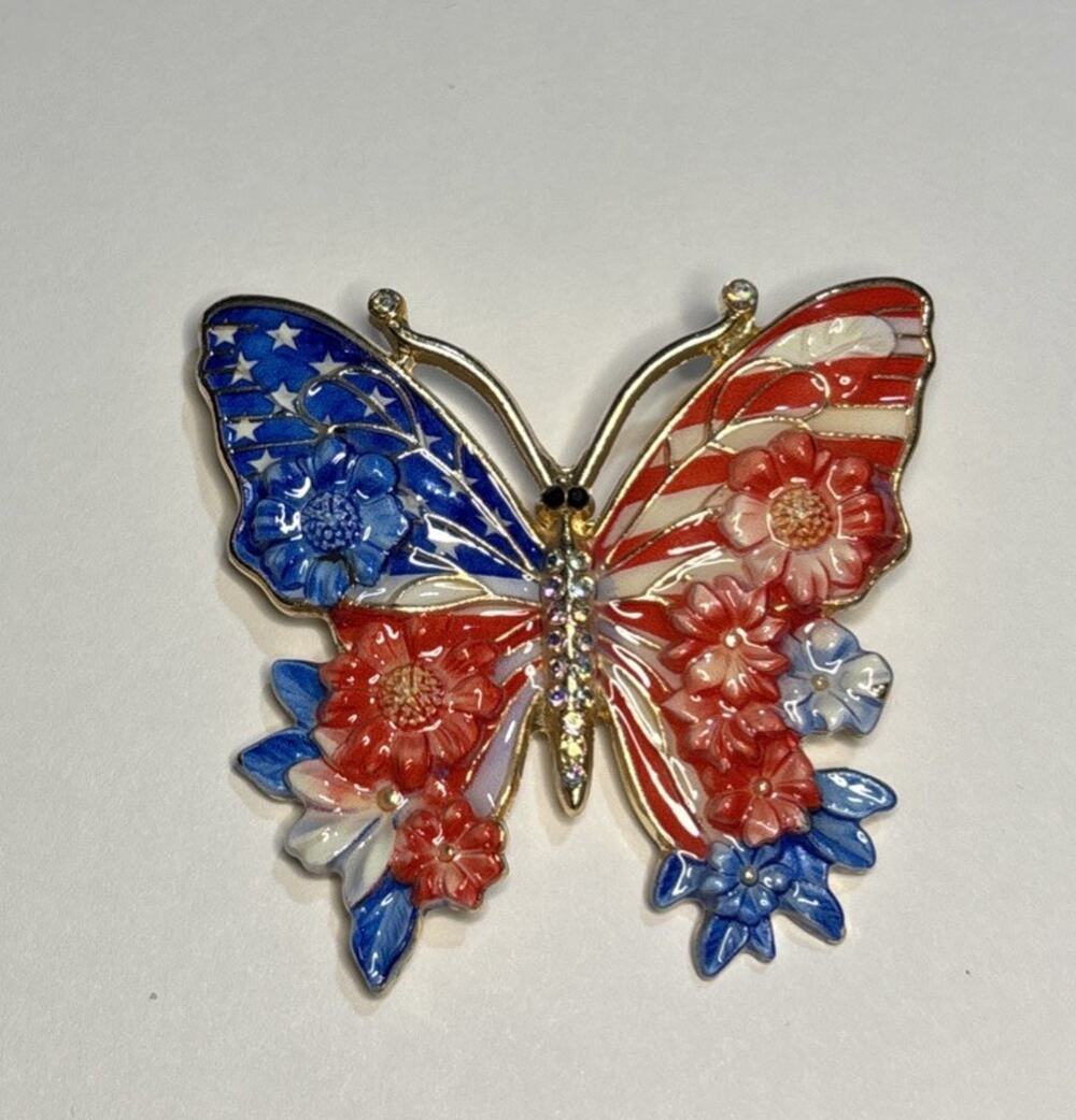 Patriotic American Flag Butterfly Brooch Enamel Rhinestone USA 2” New